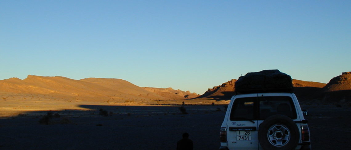 The Hamar Laghdad in the evening Sun is on the back. The Kess-Kess mud mounds are also faintly visible near the horizon.